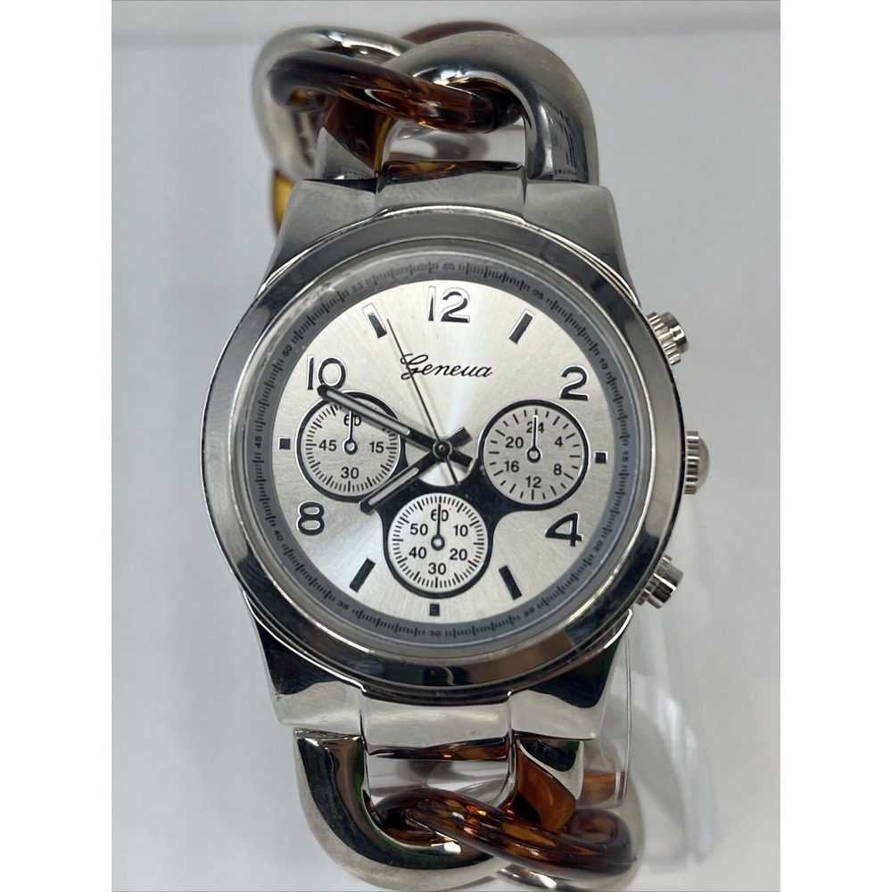 Geneva Women's Quartz Watch Silver & Tortoiseshell Chain Link‎ Band- New Battery